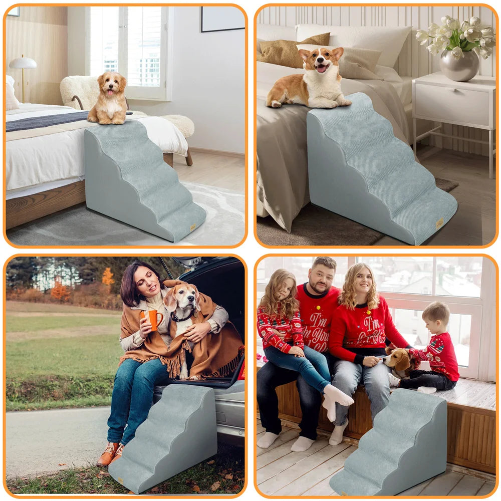 Dog Ramp Step Stairs 5 Steps Pet Stairs for High Beds and Sofa High-Density Sponge Foam Dog Steps with Removable Washable Cover
