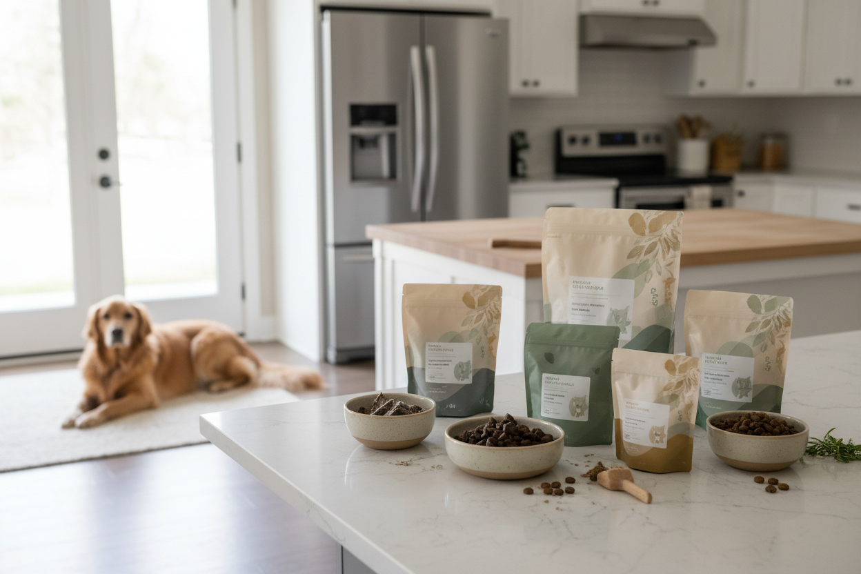 Luxury pet food product photography for a premium pet brand.
High-quality dog/cat food presented in elegant matte packaging.
Modern American kitchen background with soft natural daylight.
Neutral luxury colors: cream, beige, sage green.
Clean countertop, minimal props, calm atmosphere.
Pet nearby looking healthy and content.
Professional commercial photography, shallow depth of field.
No text, no logos, no clutter, no cartoon style, no oversaturation.