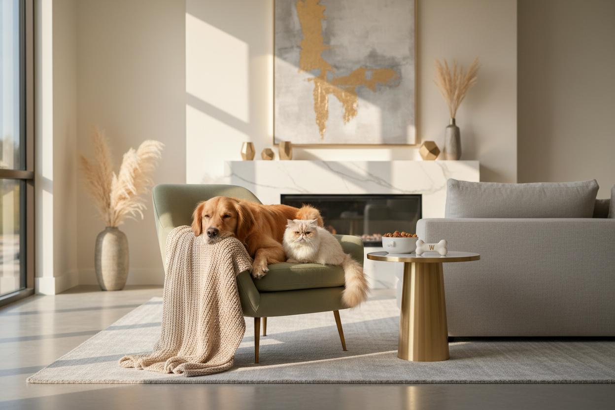 Premium lifestyle banner image for a luxury pet store named WaggyCatchy.
Elegant dog and cat in a modern, cozy home environment.
Soft natural daylight, warm tones, calm and clean atmosphere.
Pets look healthy, loved, and relaxed (not playful chaos).
Interior style: modern American home, minimal decor, neutral colors.
Color palette: cream, beige, sage green, soft gray, subtle gold accents.
Composition: center or slightly off-center pets with large negative space for text.
Ultra-realistic photography style, p